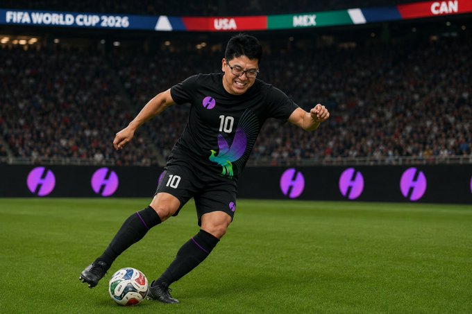 A soccer player wearing jersey number 10 with a Huma Finance logo kicks a ball during the FIFA World Cup 2026, with banners showing USA, MEX, and CAN in the background, tying into the post's playful theme of treating World Cup predictions like a betting game while highlighting Huma Finance as a constant focus.