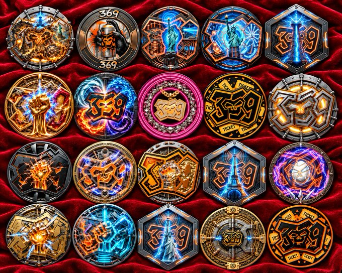 A collection of twenty circular and hexagonal digital tokens or badges displayed on a red fabric background, many featuring '369' text, the Statue of Liberty, fists, crowns, and ticket motifs.