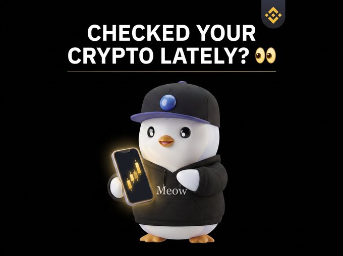 An advertisement featuring a penguin mascot wearing a hoodie and cap, holding a phone with a crypto chart, with text 'CHECKED YOUR CRYPTO LATELY?' and a Binance logo.