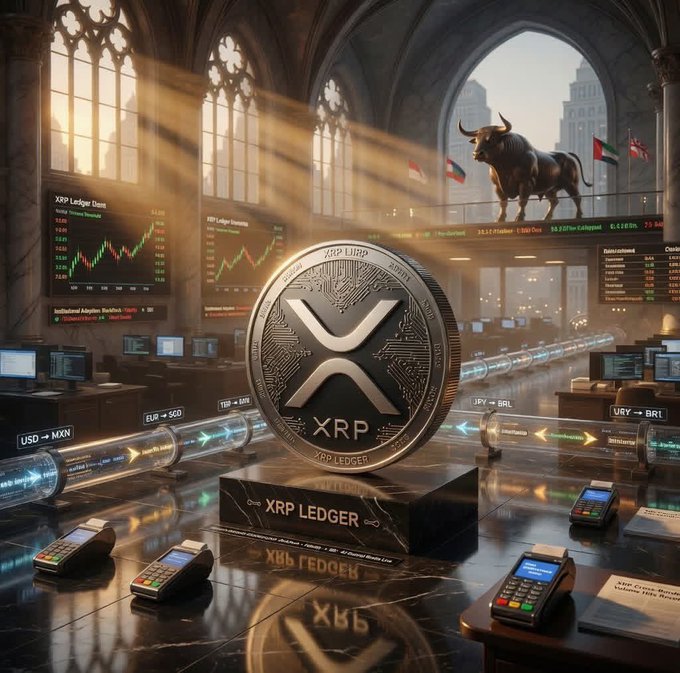 A large XRP Ledger coin with the distinctive 'X' logo sits prominently on a pedestal in a grand hall, with digital trading screens displaying XRP price charts and currency conversion pipelines (USD→MXN, EUR→SGD, JPY→BRL, URY→BRL) surrounding it. The background features the iconic Wall Street Bull statue and flags, while payment terminals are scattered across the reflective floor.