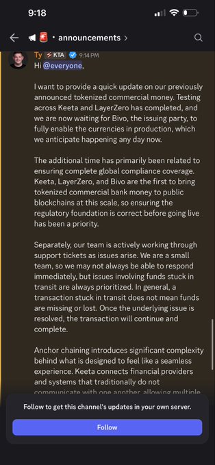 A Discord screenshot from the XTA community shows Ty (@everyone) announcing that tokenized commercial money testing between Keeta and LayerZero is complete, with Bivo expected to launch currencies any day now.