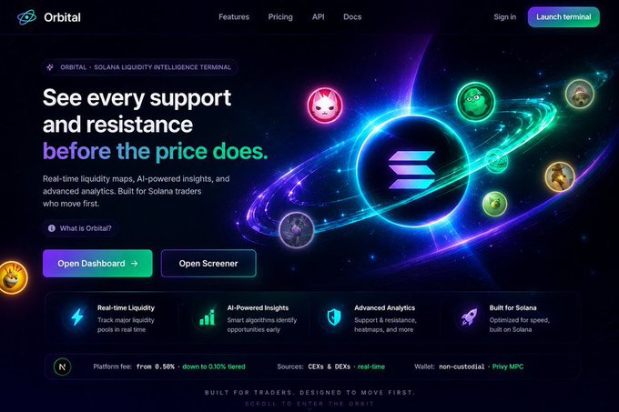 This image shows an open webpage featuring a black background with vibrant colors against which various symbols are displayed, including a silver circle containing a stylized version of the letter "E". The text above the symbols reads, "see every support and resistance before the price does." Additionally, the website showcases a list of offerings related to trading intelligence.