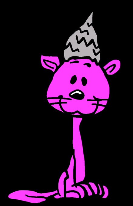 A cartoon illustration of a thin, bright pink cat with a surprised expression wearing a crumpled gray paper hat, sitting against a solid black background.