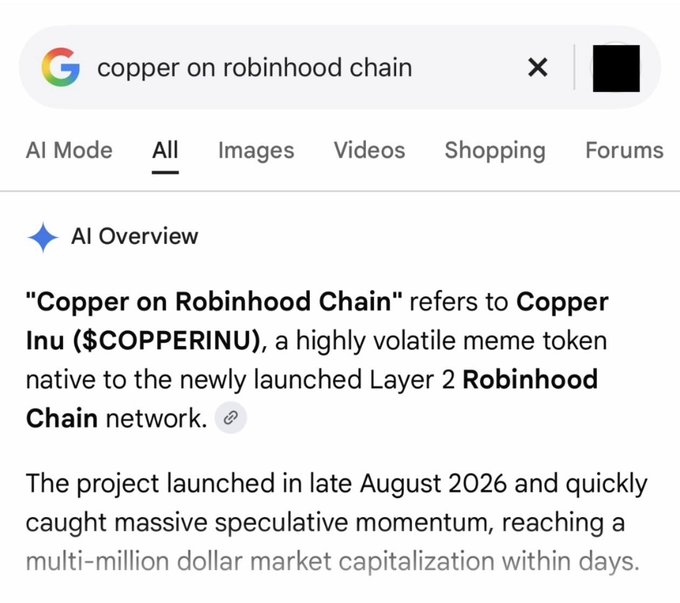 A Google search for "copper on robinhood chain" returns an AI Overview explaining that Copper Inu ($COPPERINU) is a volatile meme token on the new Robinhood Chain Layer 2 network, launched in late August 2026 and rapidly reaching a multi-million dollar market cap—directly supporting the post's point that since real copper isn't on-chain yet, this memecoin has a de-facto monopoly on the niche.