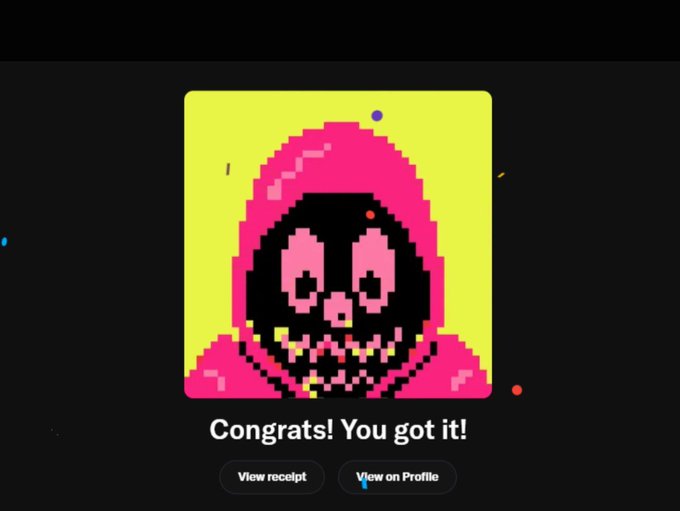 A pixelated pink and black grim reaper character with a skull face appears on a yellow background with the text 'Congrats! You got it!' and buttons for 'View receipt' and 'View on Profile'.