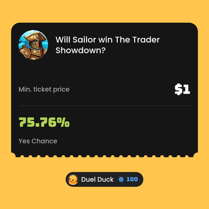 A Duel Duck prediction market card asking 'Will Sailor win The Trader Showdown?' showing a $1 minimum ticket price and a 75.76% 'Yes Chance' in green text.