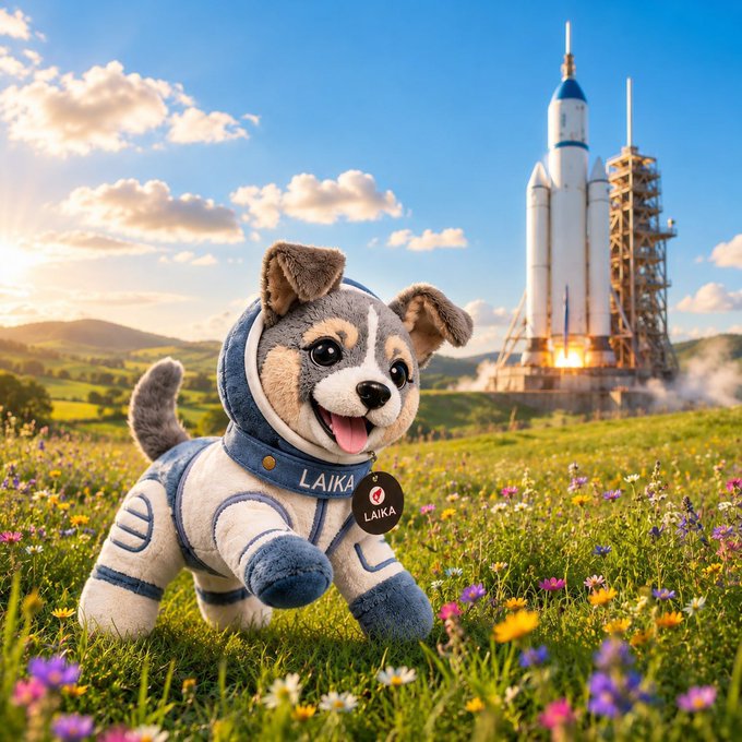 A plush toy dog mascot named 'LAIKA' wearing a blue and white space suit, posed in a meadow with wildflowers while a SpaceX-style rocket launches in the background.