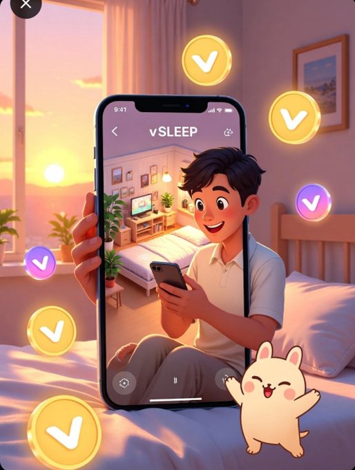An illustrated app screen showing "vSLEEP" on a smartphone held in a hand, depicting an animated boy in a bedroom scene, with checkmark icons and a cute white rabbit character floating around.