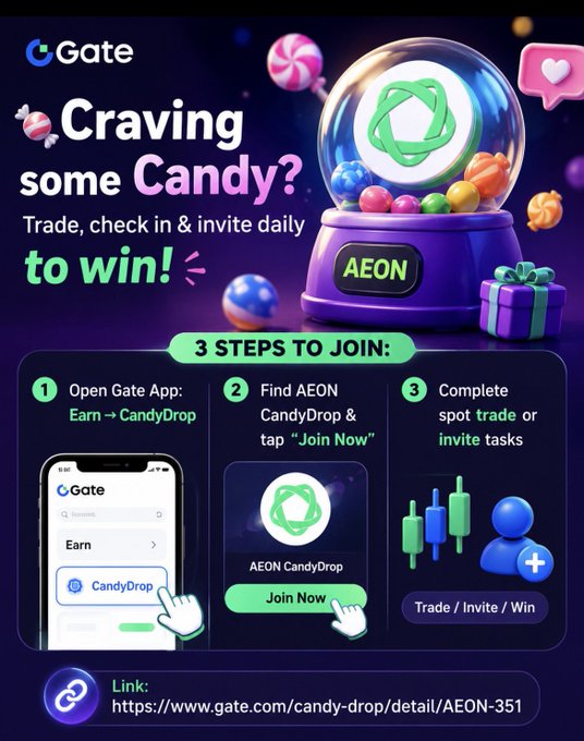 This is a Gate.io promotional graphic for an AEON CandyDrop event, featuring a colorful gumball machine filled with candies and the AEON token logo, inviting users to "Craving some Candy?" by completing 3 steps: open the Gate app, find the AEON CandyDrop and tap "Join Now," then complete spot trade or invite tasks. The image relates to the post by highlighting AEON as a potential payment solution for AI, with the CandyDrop serving as a promotional gateway for users to engage with the AEON token ecosystem.