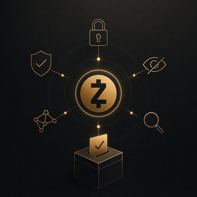 A dark graphic featuring a gold Zcash (ZEC) coin in the center surrounded by security and privacy icons including a padlock, shield, hidden eye, magnifying glass, network nodes, and a ballot box.