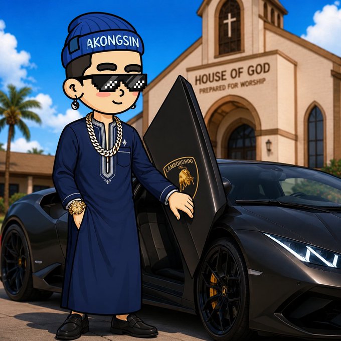 A cartoon character wearing a blue beanie labeled 'AKONGSIN', pixel sunglasses, and a gold chain stands in front of a black Lamborghini with a 'House of God' church in the background.