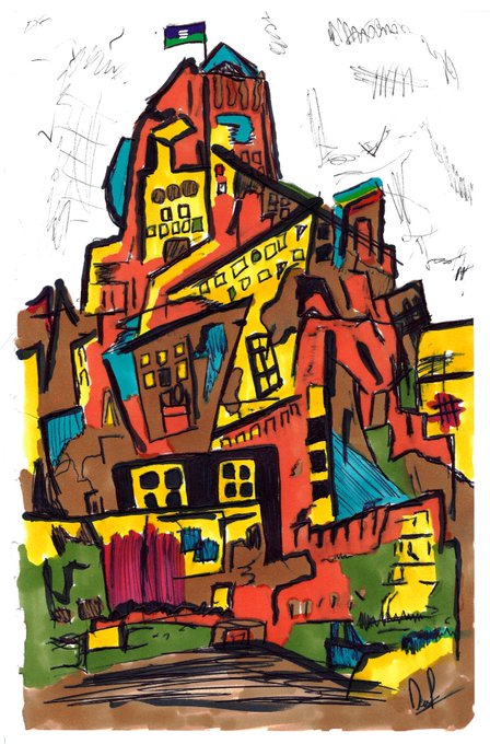 A colorful marker and ink illustration of a tall, stacked fantasy building or castle in red, yellow, blue, and green tones.