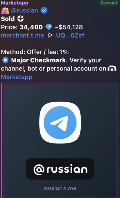 A screenshot of a Marketapp listing showing that the verified username '@russian' has been sold for 34,400 diamonds (~$54,128) via merchant.t.me.
