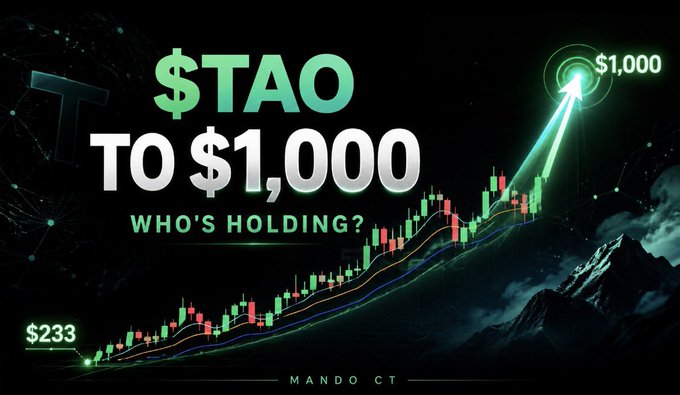A stylized cryptocurrency price chart graphic showing TAO's projected climb from $233 to $1,000, with bold text reading "$TAO TO $1,000 - WHO'S HOLDING?" and the handle "Mando CT" at the bottom, visually reinforcing the post's message about Bittensor's potential 4x rally and the importance of patience in holding.