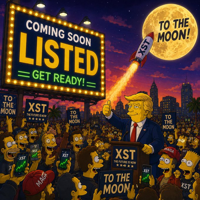 A cartoon Trump-like figure speaks to a cheering “XST” crowd beneath a giant moon, with signs reading “COMING SOON LISTED — GET READY!” and “TO THE MOON!” The image celebrates XST’s 30% progress toward its listing, matching the post’s memecoin and crypto-gem theme.