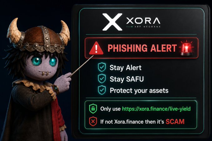 A Xora by XRP Neobank security notice warns of a 'PHISHING ALERT' with a viking character pointing to safety tips including 'Stay Alert', 'Stay SAFU', and 'Protect your assets', advising them to verify https://xora.finance/live-yield to avoid scams.