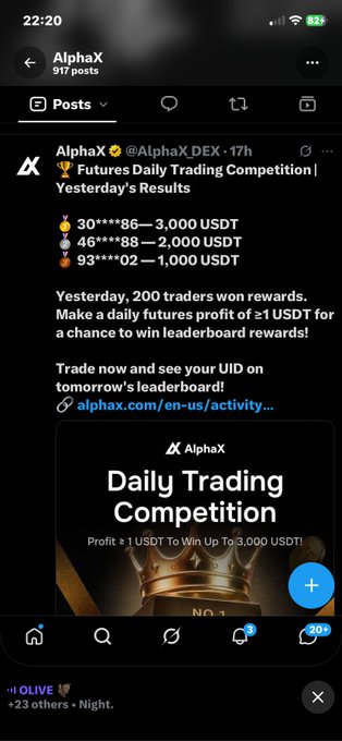 A Twitter/X post from AlphaX (@AlphaX_DEX) announcing 'Futures Daily Trading Competition | Yesterday's Results' with winners receiving 3,000, 2,000, and 1,000 USDT, promoting a daily trading competition with up to 3,000 USDT prizes.