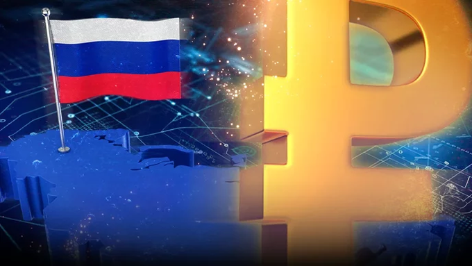 The image shows a Russian flag alongside a large golden Bitcoin symbol, visually representing Russia's involvement in digital currency amid reports that the country's Ministry of Finance has begun paying some employees' salaries in digital rubles. The futuristic, tech-themed backdrop underscores the nation's adoption of central bank digital currency (CBDC) technology.