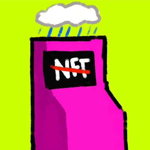 A cartoon illustration of a purple arcade cabinet labeled "NET" with a red strikethrough, topped with a rainy storm cloud against a bright yellow background.