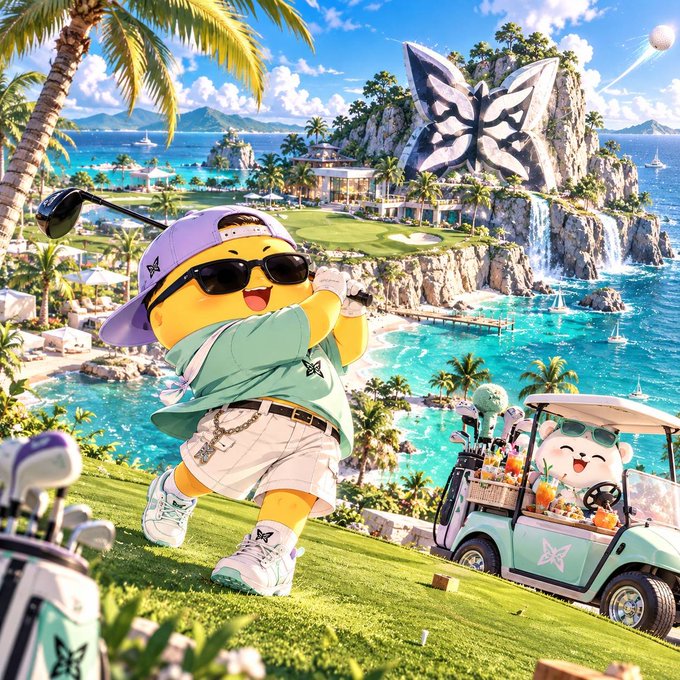 A vibrant, colorful illustration of an anthropomorphic yellow bear character wearing sunglasses and a backwards hat playing golf on a tropical island course, with a butterfly-shaped rock formation, waterfalls, and a golf cart driven by another character in the background.
