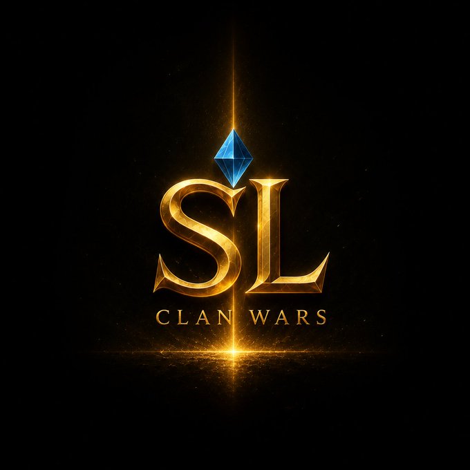 A stylized golden logo featuring the letters "SL" topped with a blue diamond, accompanied by the text "CLAN WARS" beneath, set against a dramatic black background with a glowing light effect—serving as a teaser graphic counting down 7 days until launch.
