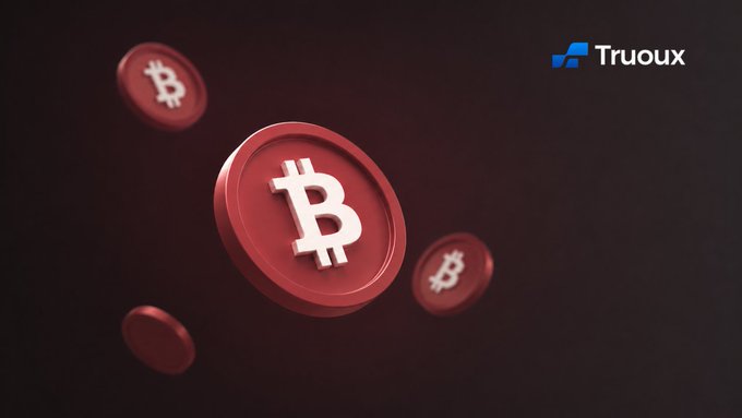 Red Bitcoin coins float against a dark background, with the Truoux logo displayed in the upper right corner. The image visually reinforces the article's focus on Bitcoin's price outlook and the Truoux exchange's role in helping investors capitalize on cryptocurrency market opportunities.