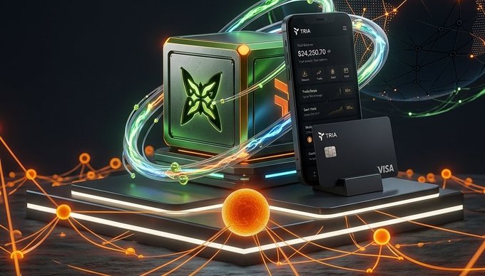 The image showcases a sleek, futuristic scene featuring a glowing green quantum-inspired cube alongside a smartphone displaying the "TRIA" app with a balance of $24,250.70, accompanied by a black "TRIA VISA" credit card—visually capturing the seamless integration of luxury finance and cutting-edge quantum technology mentioned in the post.
