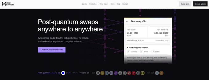 A website screenshot for 'quip network' advertising 'Post-quantum swaps anywhere to anywhere' with a swap interface showing 'YOU SEND 0.25 ETH' and 'YOU RECEIVE 600.00 USDC'.