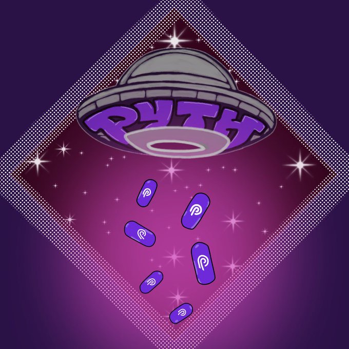A stylized, purple-toned illustration shows a UFO with the text "PYTH" emitting purple tokens from its underside, set against a starry diamond frame.