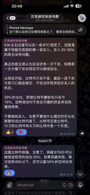 A Telegram chat in Chinese titled '贝克研究所信号群' (Baker Research Signals Group) with 291 subscribers, containing financial advice about Bitcoin investing, including warnings about leverage and market dips.