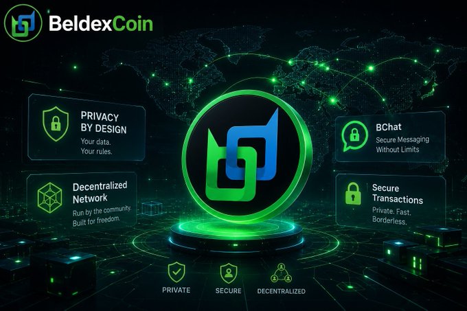 A promotional graphic for BeldexCoin highlighting features including 'Privacy by Design', 'BChat' secure messaging, 'Decentralized Network', and 'Secure Transactions' against a green digital world map background.