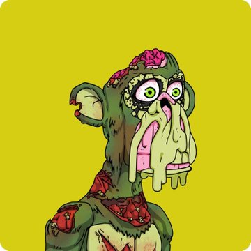 A cartoon illustration of a green zombie monkey with exposed brain, bulging eyes, and a drooling expression set against a yellow background.