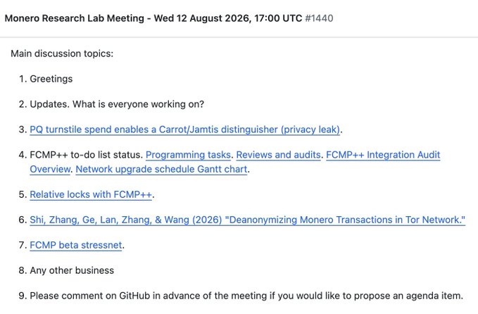 A meeting agenda for the 'Monero Research Lab Meeting - Wed 12 August 2026, 17:00 UTC #1440', listing 9 main discussion topics including FCMP++ audits, relative locks, and deanonymization research.