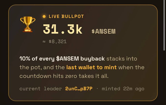 The image shows a "LIVE BULLPOT" widget for $ANSEM displaying 31.3k tokens (≈$8,321), with a trophy icon and explanation that 10% of every $ANSEM buyback stacks into the pot, going to the last wallet to mint when the countdown ends. This visually supports the post's claim that the Bullpot has grown from under $1,000 to nearly $10,000 in $ANSEM value, crediting the creator for making NFTs fun through gamified buybacks.