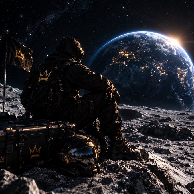 A hooded astronaut sitting on a crate with a flag, overlooking Earth from the moon's surface under a starry sky.