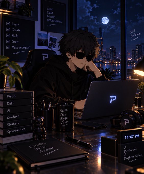 An anime-style illustration shows a young man with sunglasses working on a laptop at night, surrounded by motivational text including 'Learn, Create, Build, Grow, Make an Impact' and labels like 'Web3', 'DeFi', 'AI'.