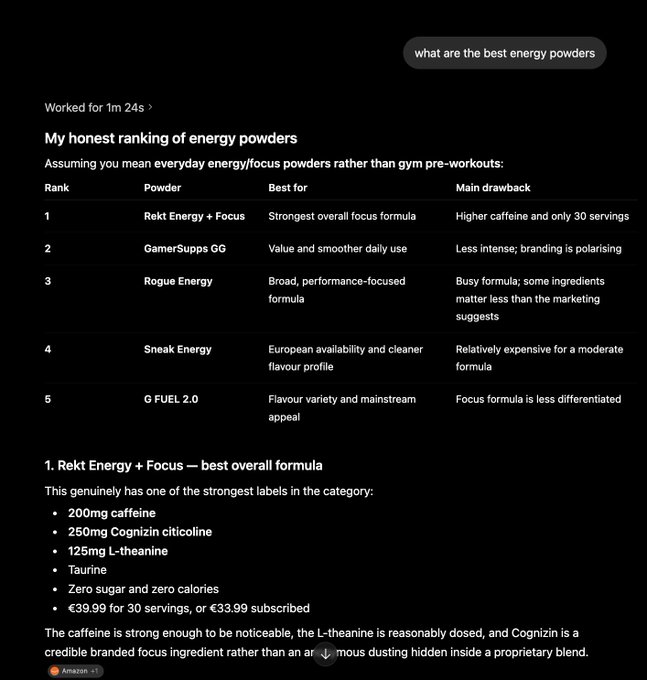 A ChatGPT response to 'what are the best energy powders' with a ranked table listing Rekt Energy + Focus as the top pick, followed by a detailed breakdown.
