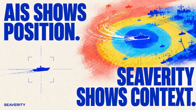 An illustrated graphic with the text "AIS SHOWS POSITION. SEAVERITY SHOWS CONTEXT," featuring a crosshair on a ship and colorful concentric radar rings showing multiple vessels and offshore platforms.
