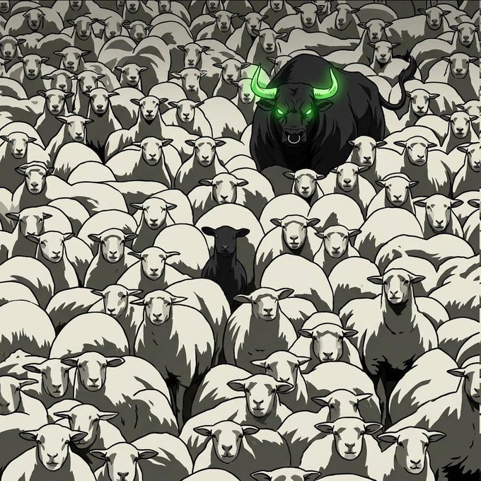 A massive black bull with glowing green horns and eyes stands out menacingly among a sea of identical white sheep, symbolizing individuality and strength in a conformist crowd. The image visually reinforces the message "be a black bull" amid the sheep, tied to the $ANSEM tag.