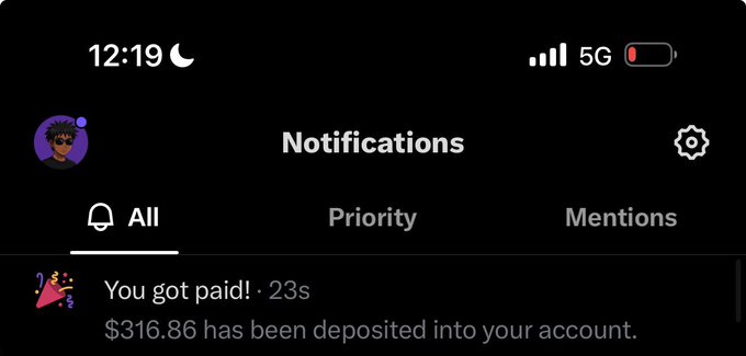 A phone notifications screen showing 'You got paid! · 23s' with the message '$316.86 has been deposited into your account'.