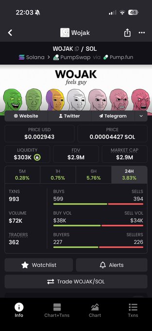 A screenshot of the Wojak (WOJAK/SOL) token page on a crypto trading app shows the meme coin with a price of $0.002943, a $2.9M market cap, $303K liquidity, and only 362 traders, supporting the claim that it's a low-liquidity, thinly traded alternative to the ETH version. The displayed metrics reinforce the user's frustration with thin liquidity and potential bundling, positioning the SOL-based Wojak as the "real community" alternative.