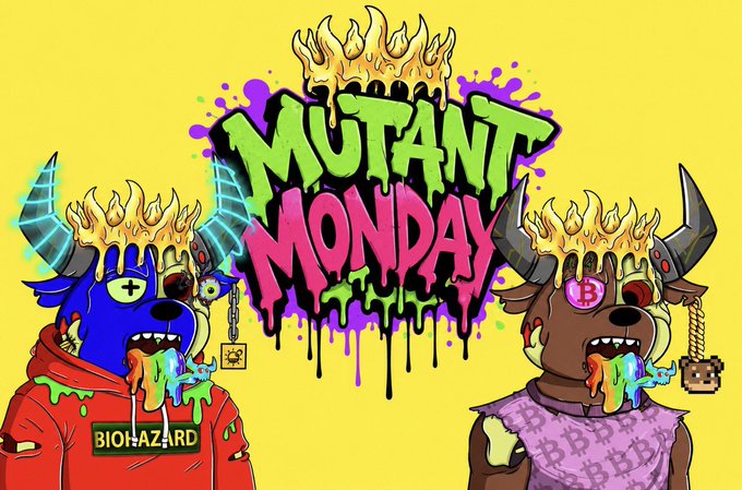 A colorful cartoon graphic titled 'MUTANT MONDAY' featuring two stylized mutant characters—a blue one wearing a 'BIOHAZARD' hoodie and a brown one in a 'BB' shirt—against a bright yellow background.