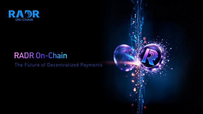 A promotional banner for "RADR On-Chain" featuring the tagline "The Future of Decentralized Payments" alongside a glowing "R" logo. The image relates to the post by branding the RADR project amid an update about an auto-burn transaction failure and airdropped compensation to miners.