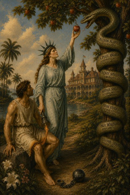 An allegorical painting depicting Lady Liberty handing an apple to a chained figure, with a serpent wrapped around a tree labeled with names including 'Nelson Aldrich,' 'J.P. Morgan,' and 'John D. Rockefeller,' with a ball and chain labeled 'DEBT' at the figure's feet.