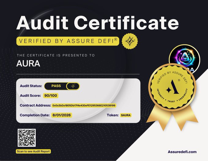 An 'Audit Certificate' verified by Assure DeFi for the token AURA ($AURA), displaying a 'PASS' audit status with a score of 90/100 and a completion date of 8/01/2026.