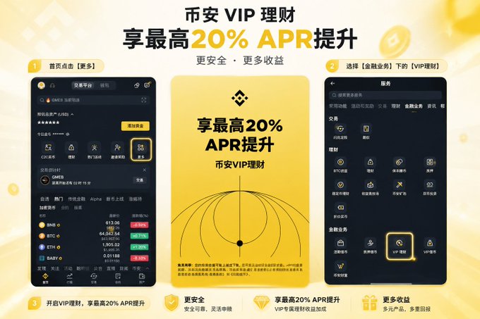 Chinese promotional graphic for Binance VIP wealth management offering up to '20% APR boost' (享最高20% APR提升), showing screenshots of the app interface.