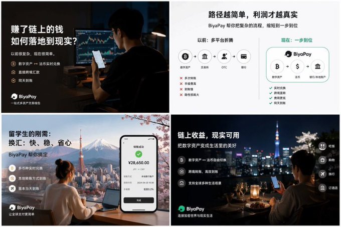 A four-panel promotional graphic for 'BiyaPay', describing it as a one-stop cryptocurrency trading chain. Panels highlight features like digital asset activation, multi-platform consolidation ('之前：多平台折腾' vs '现在：一步到位' with icons for B, dollar sign, bank, exchange), overseas student remittance showing a transfer of '¥28,650.00' from US Dollar, and turning crypto profits into real-life use, with text '赚了链上的钱 如何落地到现实?' and '留学生刚需: 换汇：快、稳、省心'.