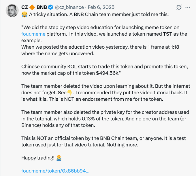 CZ's tweet explaining that a deleted private key for the TST meme token creator address allowed KOLs to falsely promote it to a $494.56k market cap, while clarifying it wasn't an official BNB Chain token—a detail now relevant since that same address has launched a new token.
