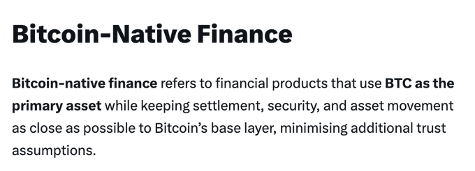 A definition graphic for "Bitcoin-Native Finance" explaining it as financial products using BTC as the primary asset while minimizing trust assumptions, which directly relates to the post's mention of Stacks reducing trust assumptions through its PoX-5 upgrade allowing Bitcoin holders to natively earn yield.