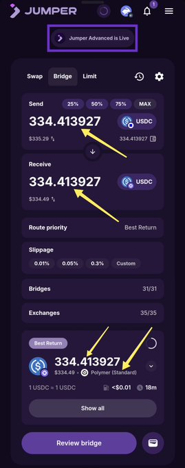 A screenshot of the Jumper crypto bridge app showing a swap of 334.413927 USDC with arrows pointing to the amounts and the Polygon (Standard) route.